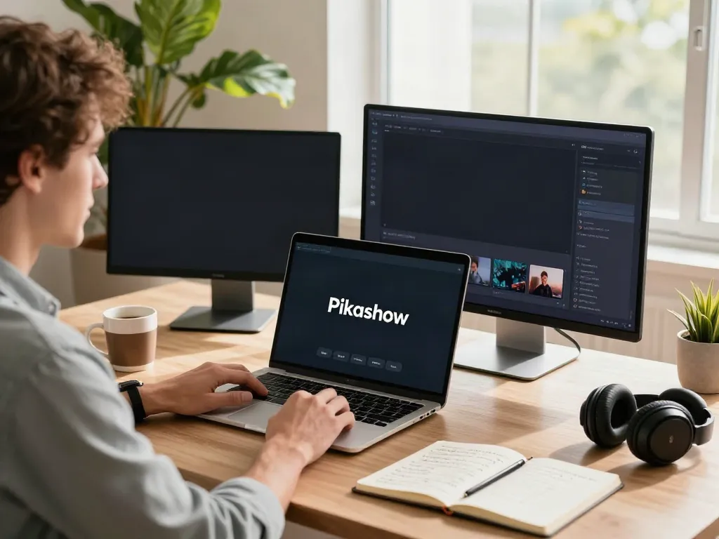 Pikashow for Mac setup in a sleek workspace with streaming content on display.