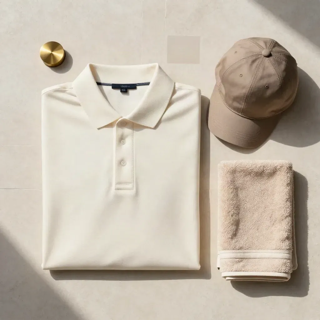 Crèmekleurige polo met pet en opgevouwen handdoek op lichte steen, bovenaanzicht.