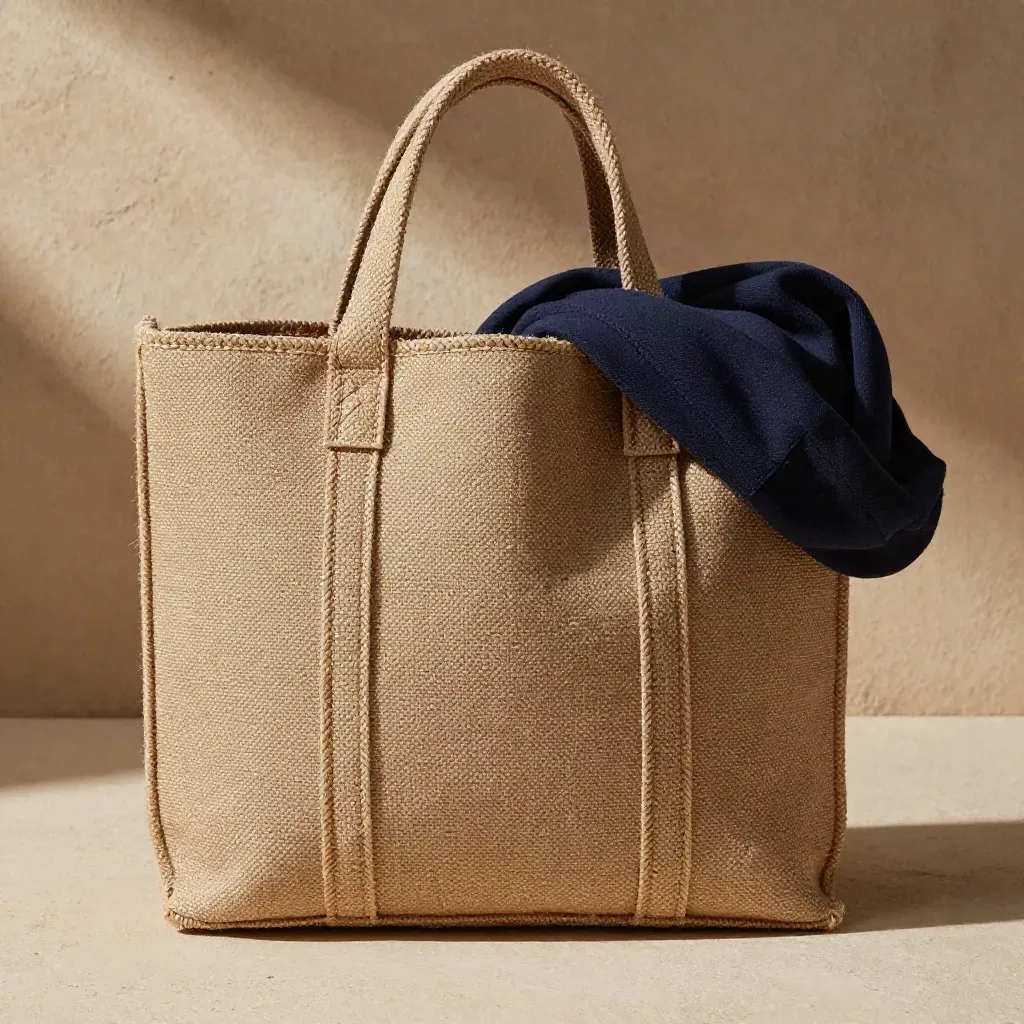 Jute tas met rope-hengsels en opgevouwen hoodie tegen ruwe pleistermuur