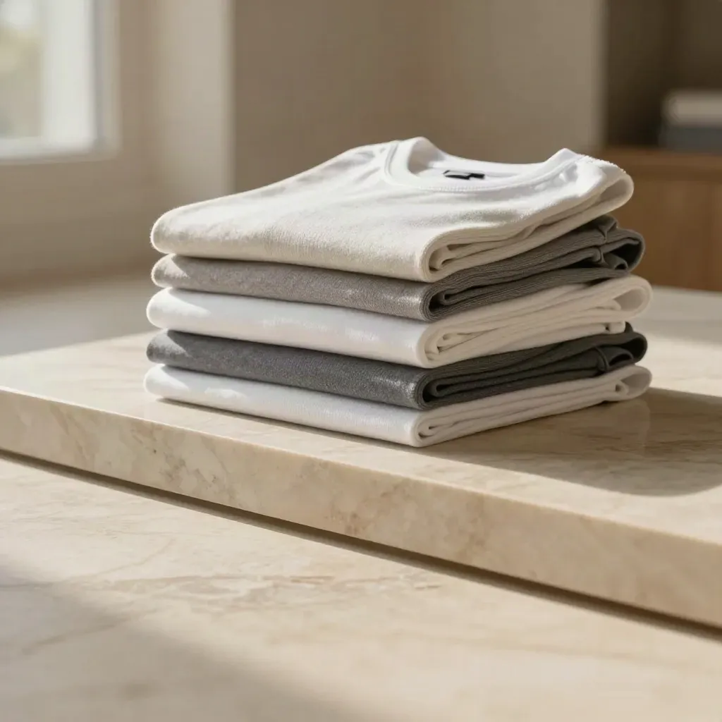 Op een marmeren sokkel liggen opgevouwen clubshirts in zacht zonlicht met rustige ruimte eronder.