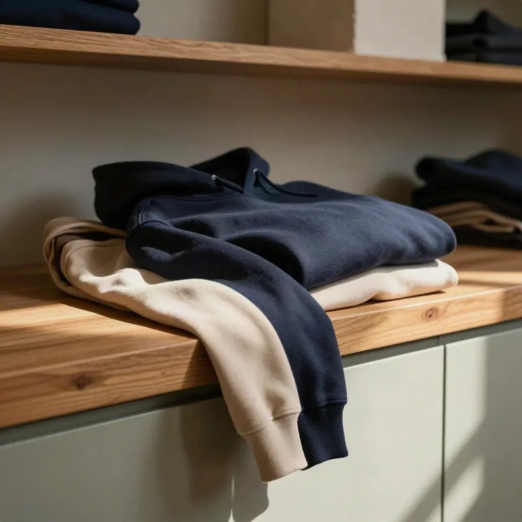 Twee hoodies op een warme houten richel in zonlicht, met zachte schaduw en rustige achtergrond.